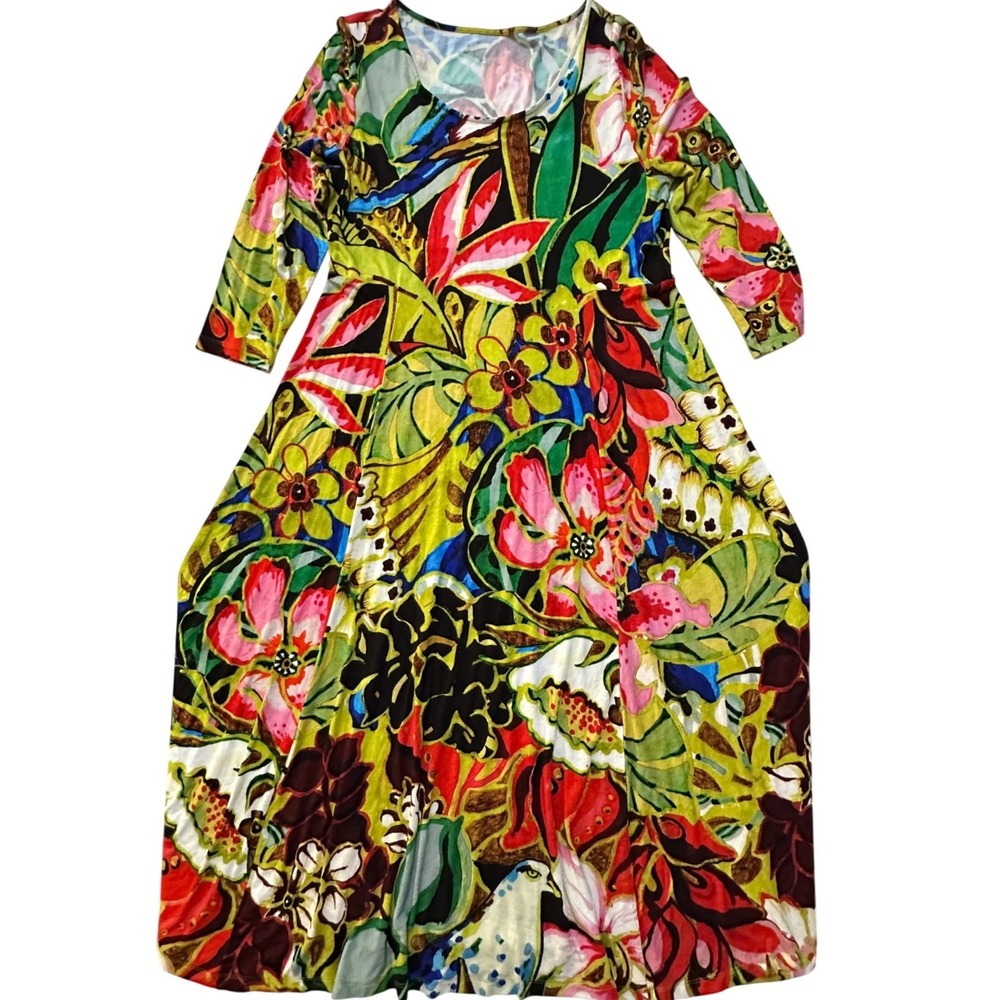 Soft Surroundings Jersey Floral Maxi Dress L Tropical Resort Art to Wear Stretch